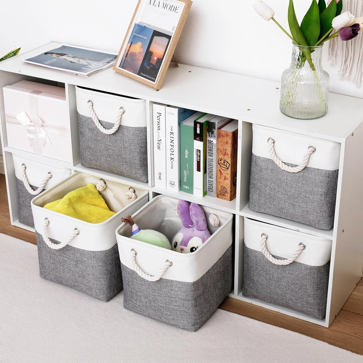 28 x 28 x 28 cm Cube Storage Boxes, 4 Pack Large Collapsible Fabric Storage Bin with Ropes, Foldable Storage Cubes for Home, Office,Closet, Clothes, Toys Organizer (White & Grey)