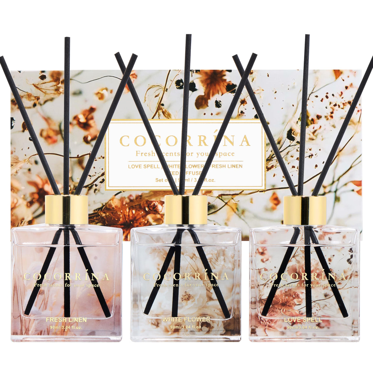 COCORRÍNA Reed Diffuser - 3 Pack/ 90ml with 24 Sticks Reed Diffuser for for House Bedroom Office Decor & Gifts Set (Cashmere Vanilla/Sandalwood Rose/Clean Linen)