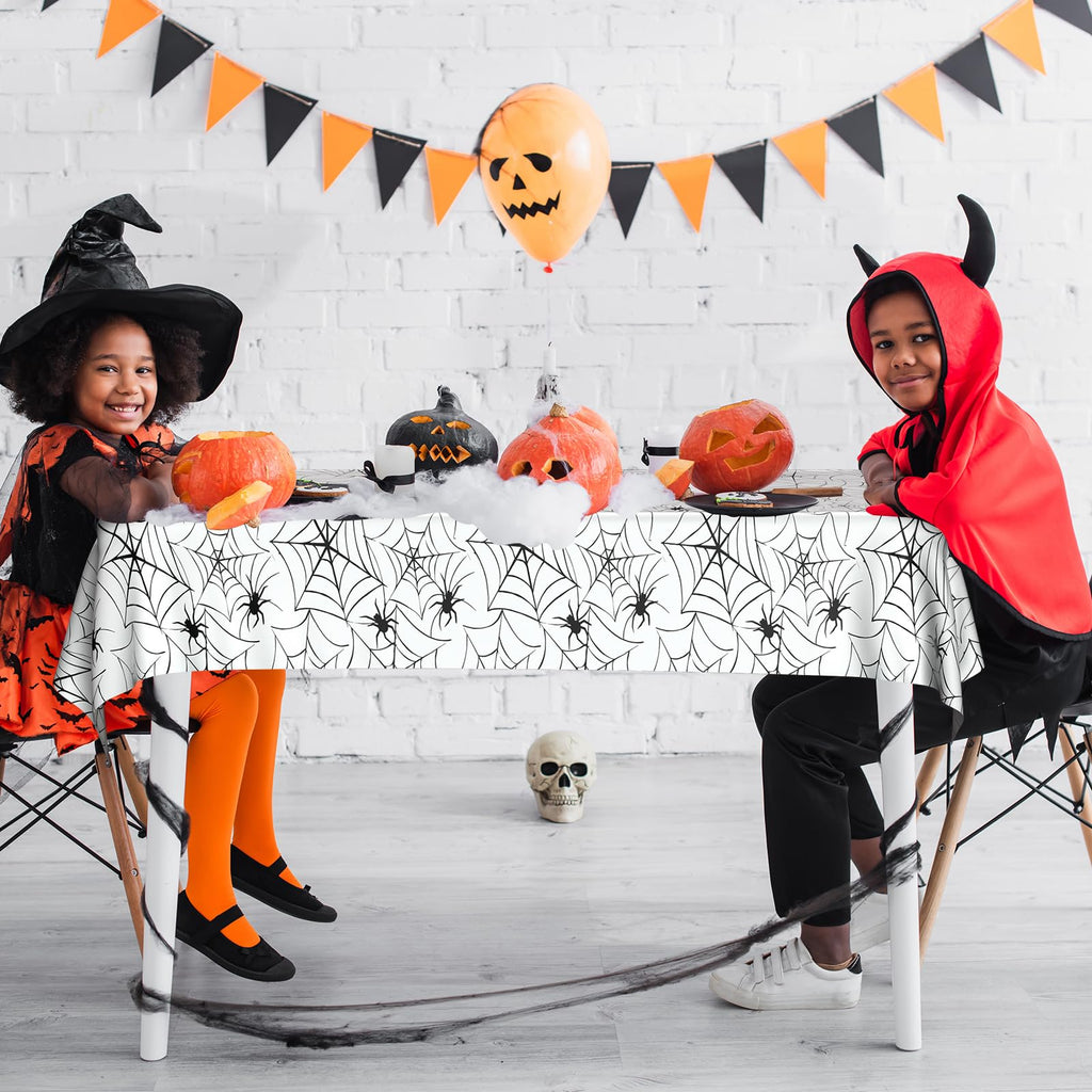 PLULON Halloween Tablecloth 137x 274cm Pumpkin Bat Skeleton Skull Plastic Table Cloth Happy Halloween Table Cover for Holiday Dinner Table Decorations Halloween Party Supplies