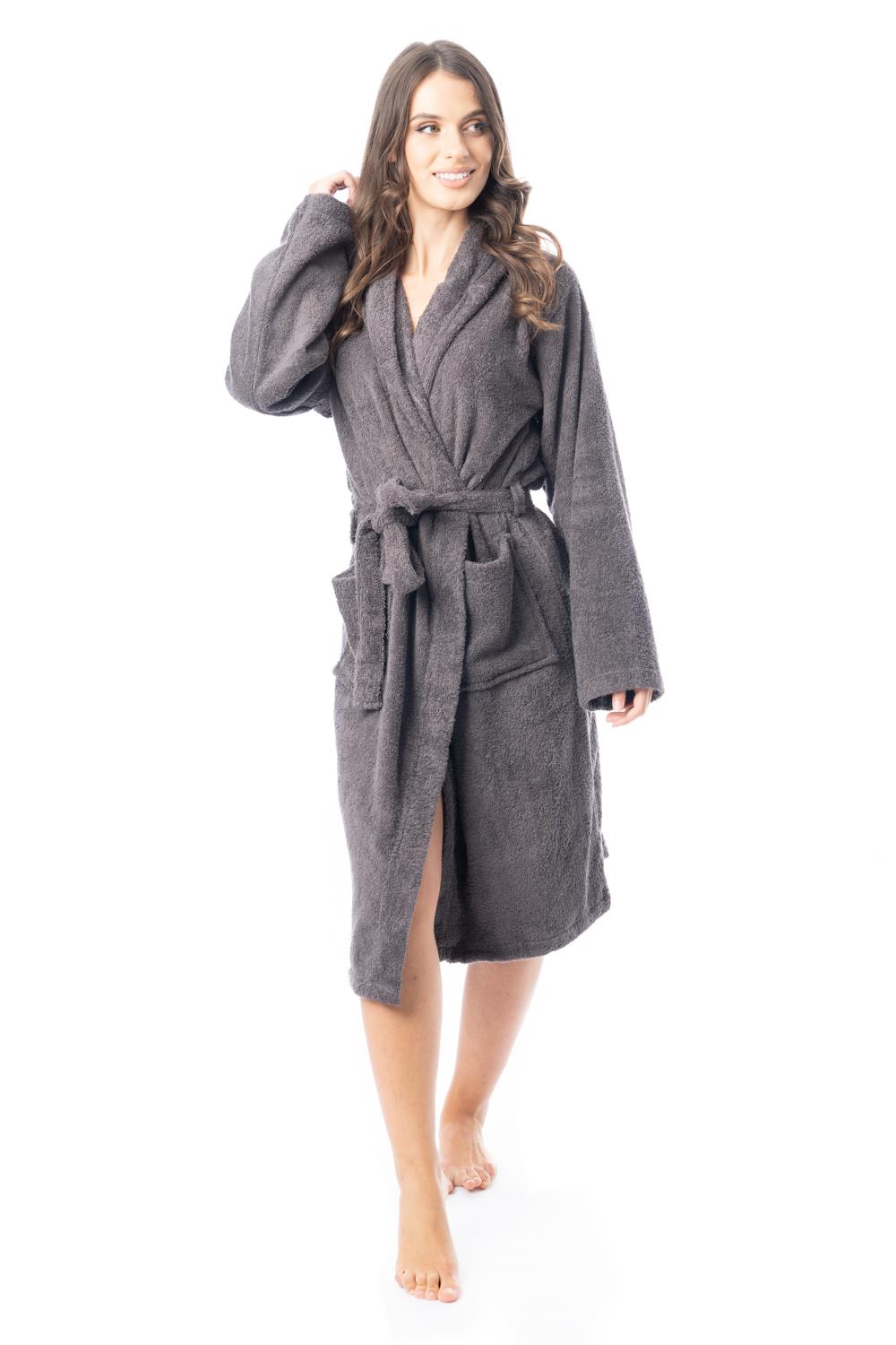 Womens Robe Terry Towelling 100% Cotton Hooded Bath Dressing Gown Bathrobe