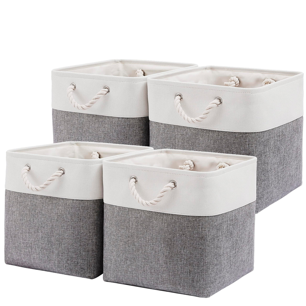28 x 28 x 28 cm Cube Storage Boxes, 4 Pack Large Collapsible Fabric Storage Bin with Ropes, Foldable Storage Cubes for Home, Office,Closet, Clothes, Toys Organizer (White & Grey)