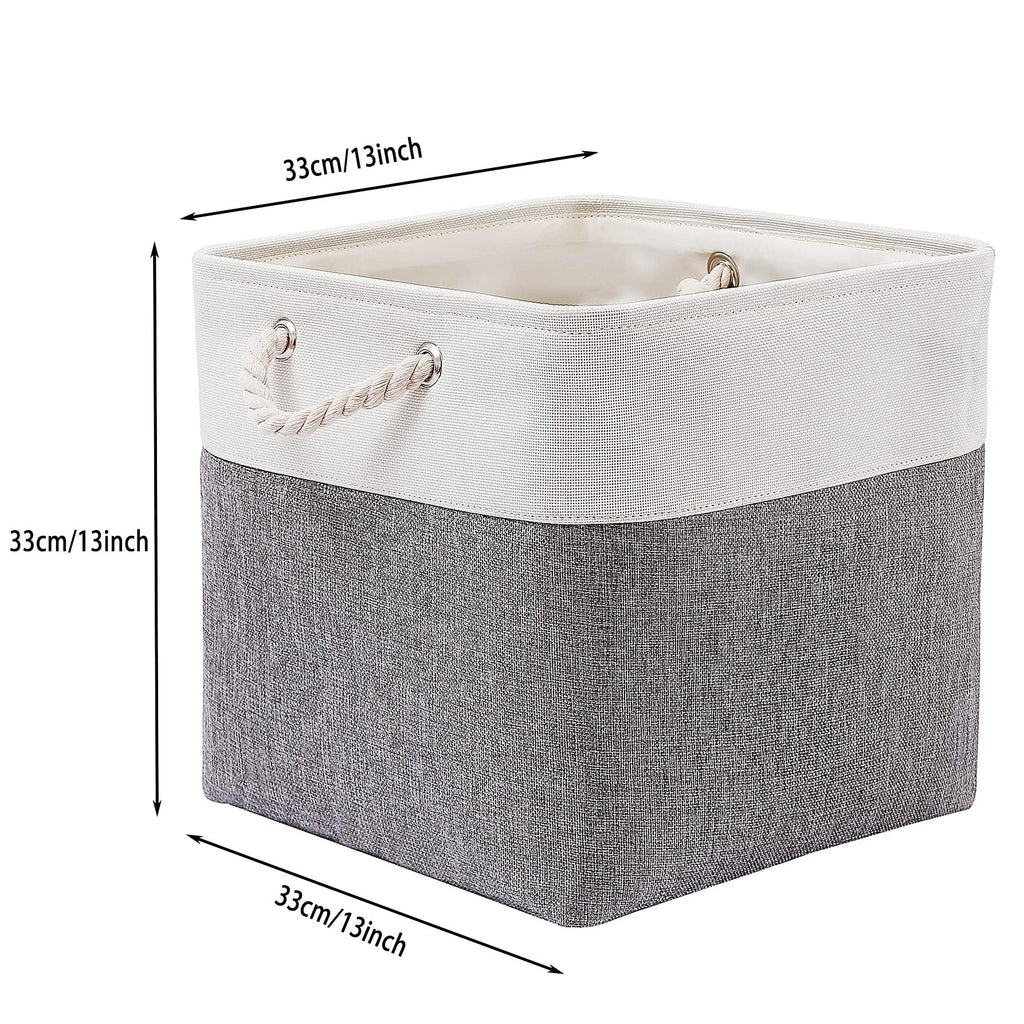 28 x 28 x 28 cm Cube Storage Boxes, 4 Pack Large Collapsible Fabric Storage Bin with Ropes, Foldable Storage Cubes for Home, Office,Closet, Clothes, Toys Organizer (White & Grey)