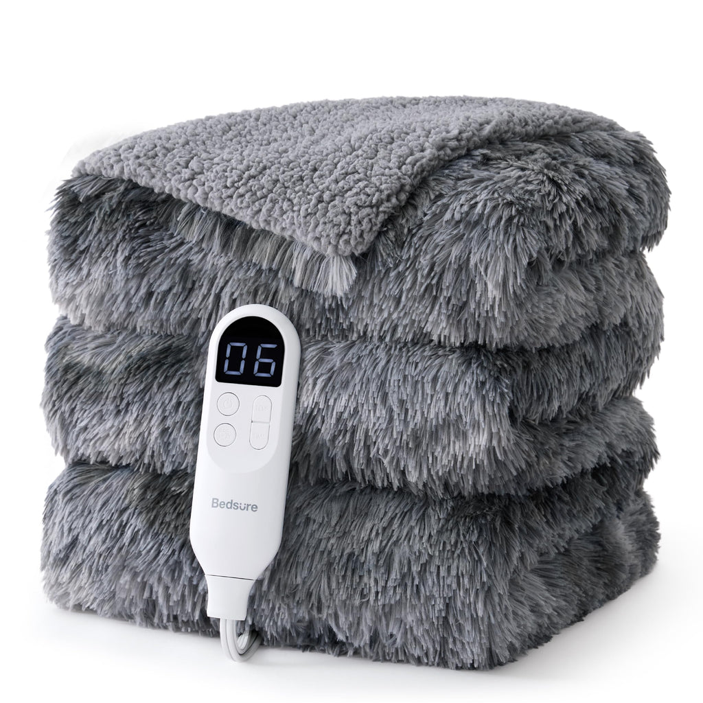 Bedsure Faux Fur Heated Blanket Twin Size, Tie-Dye Electric Blanket, Black