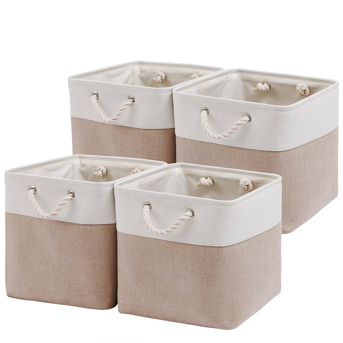 28 x 28 x 28 cm Cube Storage Boxes, 4 Pack Large Collapsible Fabric Storage Bin with Ropes, Foldable Storage Cubes for Home, Office,Closet, Clothes, Toys Organizer (White & Grey)