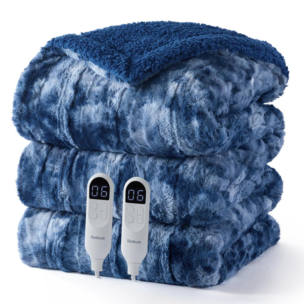 Bedsure Faux Fur Heated Blanket Twin Size, Tie-Dye Electric Blanket, Black