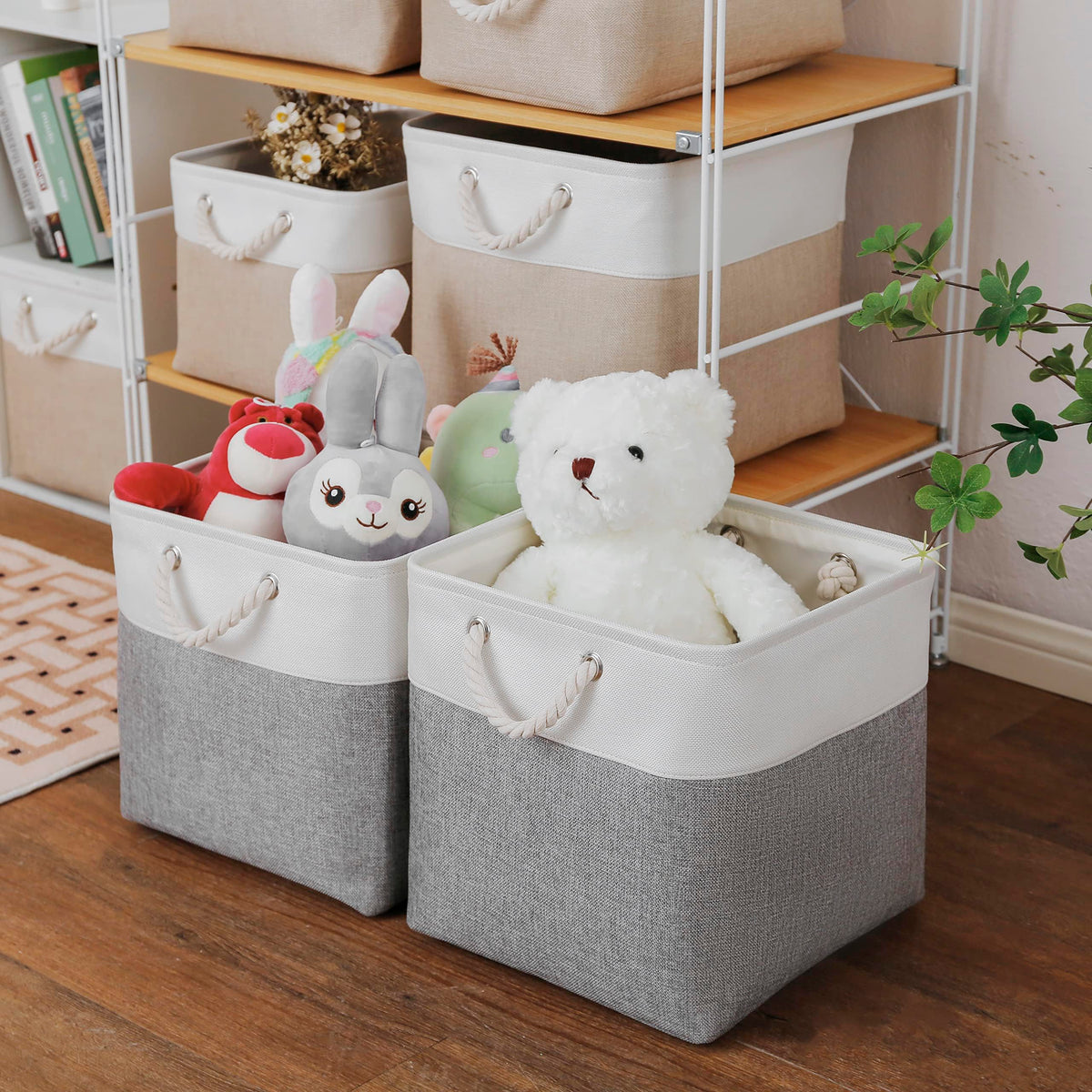 28 x 28 x 28 cm Cube Storage Boxes, 4 Pack Large Collapsible Fabric Storage Bin with Ropes, Foldable Storage Cubes for Home, Office,Closet, Clothes, Toys Organizer (White & Grey)