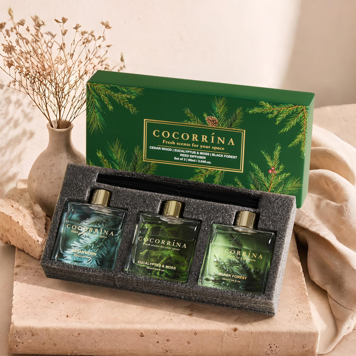 COCORRÍNA Reed Diffuser - 3 Pack/ 90ml with 24 Sticks Reed Diffuser for for House Bedroom Office Decor & Gifts Set (Cashmere Vanilla/Sandalwood Rose/Clean Linen)