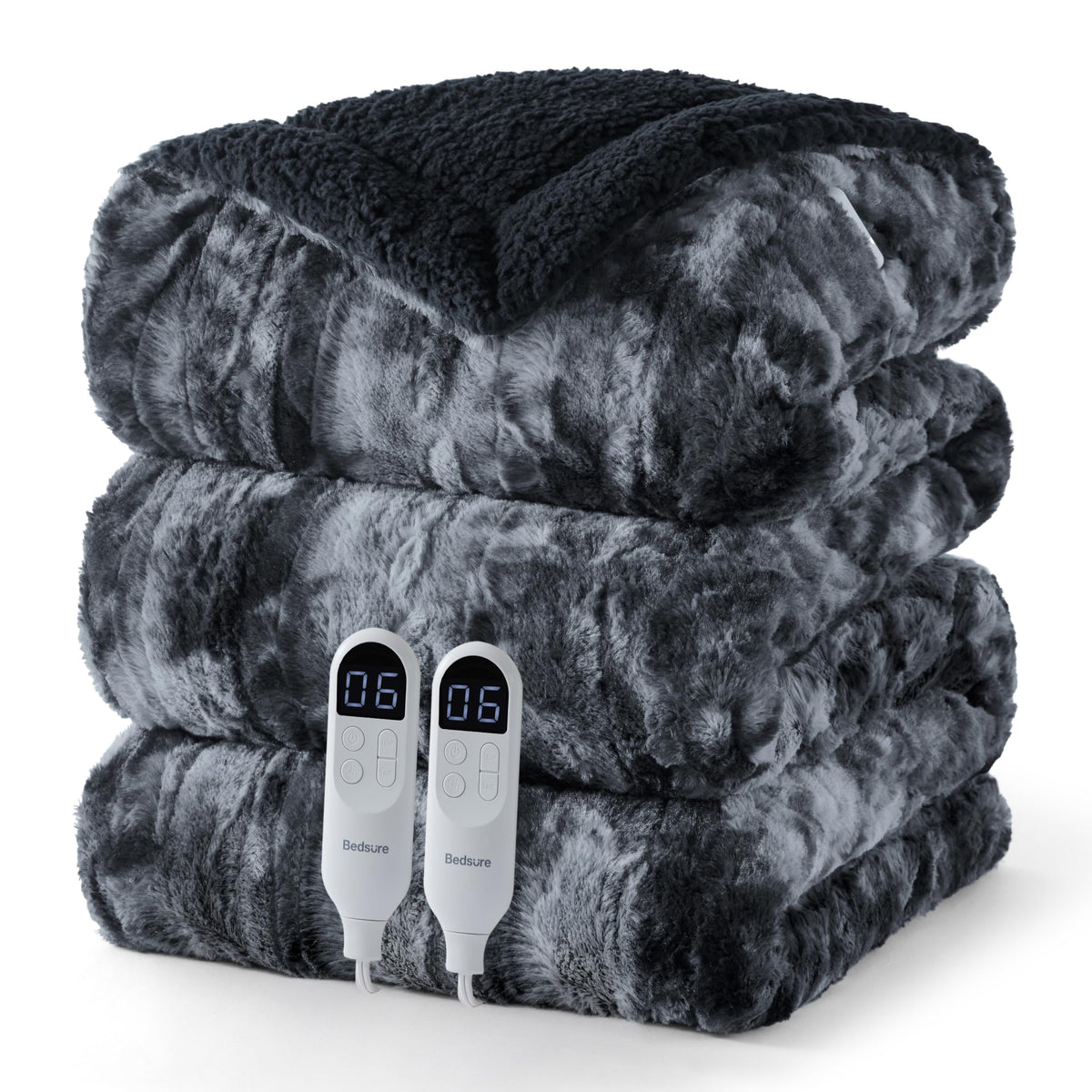 Bedsure Faux Fur Heated Blanket Twin Size, Tie-Dye Electric Blanket, Black