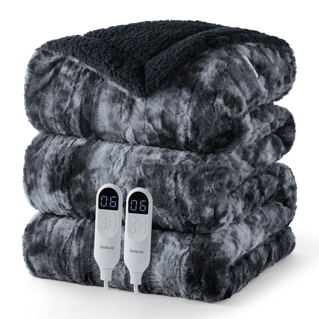 Bedsure Faux Fur Heated Blanket Twin Size, Tie-Dye Electric Blanket, Black