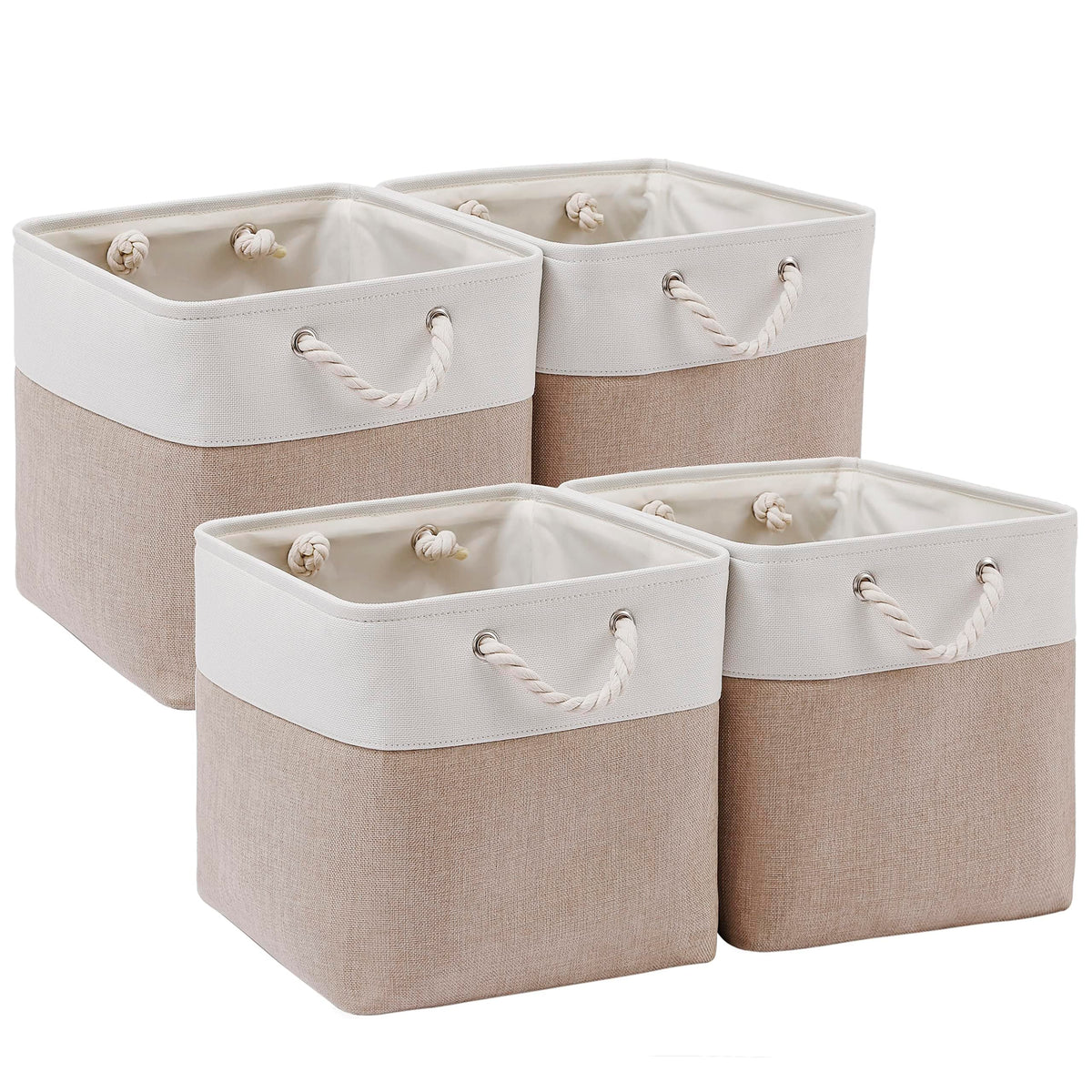 28 x 28 x 28 cm Cube Storage Boxes, 4 Pack Large Collapsible Fabric Storage Bin with Ropes, Foldable Storage Cubes for Home, Office,Closet, Clothes, Toys Organizer (White & Grey)