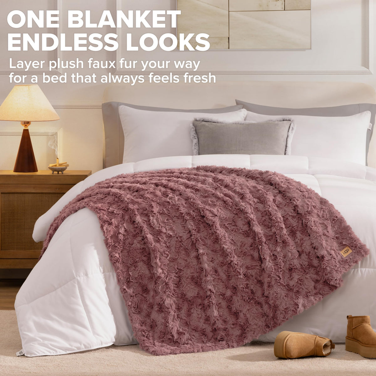 UGG Adalee Throw Blanket for Bed, Faux Fur Blanket, 50" x 70", Brown