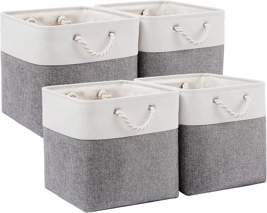 28 x 28 x 28 cm Cube Storage Boxes, 4 Pack Large Collapsible Fabric Storage Bin with Ropes, Foldable Storage Cubes for Home, Office,Closet, Clothes, Toys Organizer (White & Grey)