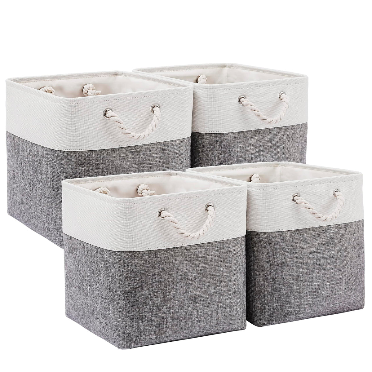 28 x 28 x 28 cm Cube Storage Boxes, 4 Pack Large Collapsible Fabric Storage Bin with Ropes, Foldable Storage Cubes for Home, Office,Closet, Clothes, Toys Organizer (White & Grey)