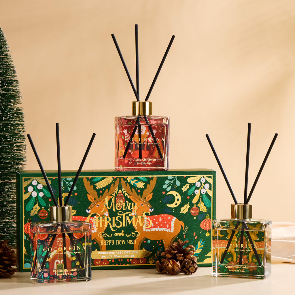 COCORRÍNA Reed Diffuser - 3 Pack/ 90ml with 24 Sticks Reed Diffuser for for House Bedroom Office Decor & Gifts Set (Cashmere Vanilla/Sandalwood Rose/Clean Linen)