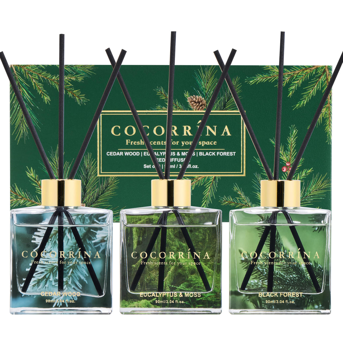 COCORRÍNA Reed Diffuser - 3 Pack/ 90ml with 24 Sticks Reed Diffuser for for House Bedroom Office Decor & Gifts Set (Cashmere Vanilla/Sandalwood Rose/Clean Linen)