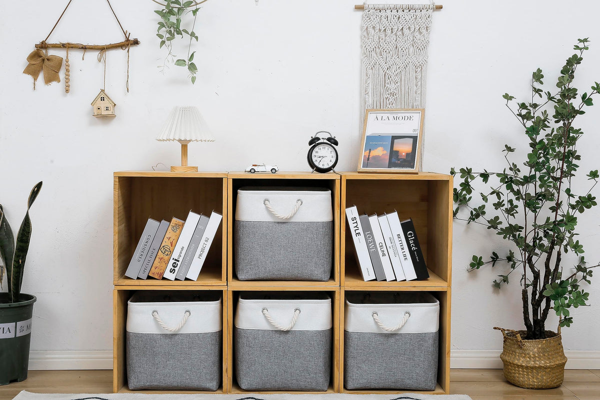 28 x 28 x 28 cm Cube Storage Boxes, 4 Pack Large Collapsible Fabric Storage Bin with Ropes, Foldable Storage Cubes for Home, Office,Closet, Clothes, Toys Organizer (White & Grey)