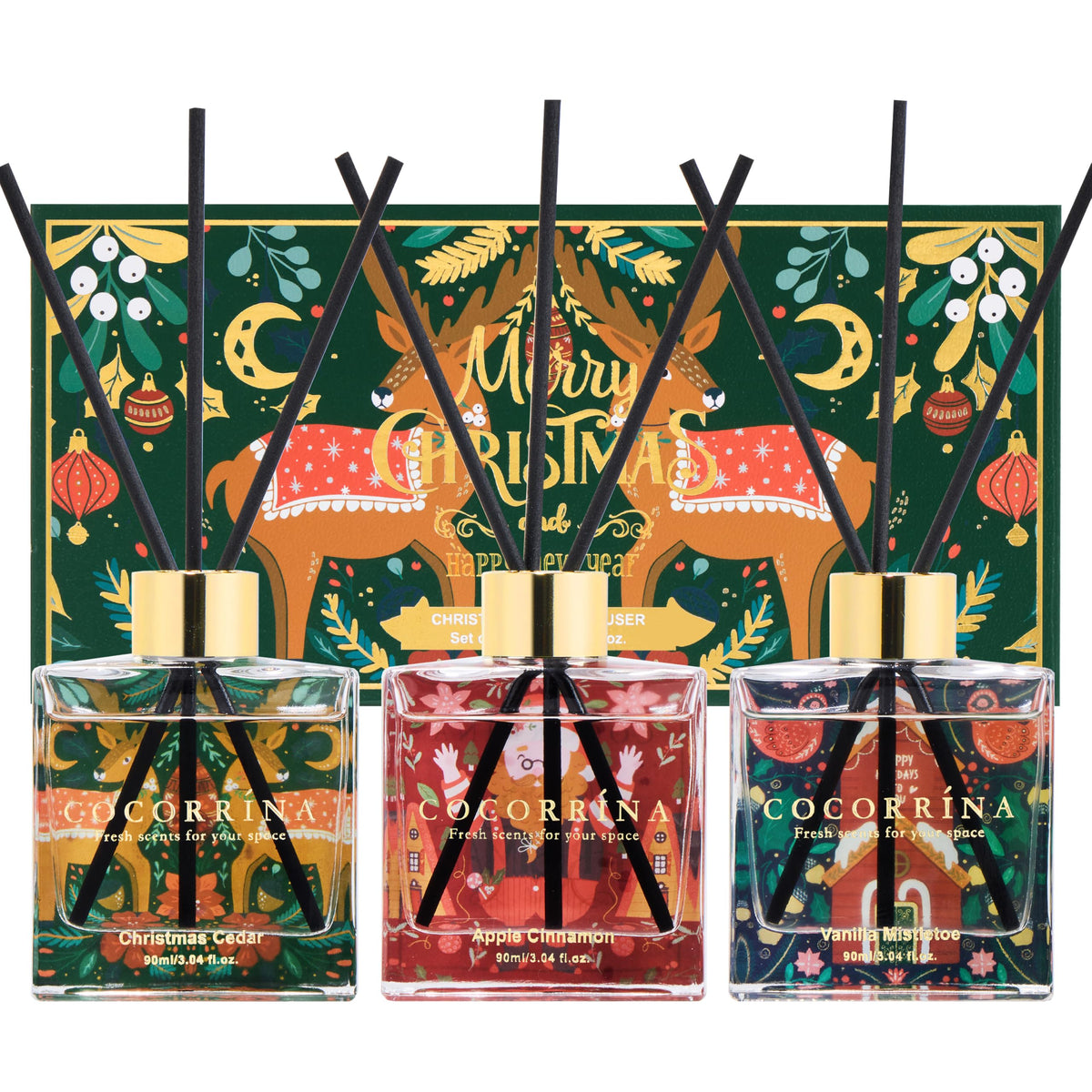 COCORRÍNA Reed Diffuser - 3 Pack/ 90ml with 24 Sticks Reed Diffuser for for House Bedroom Office Decor & Gifts Set (Cashmere Vanilla/Sandalwood Rose/Clean Linen)