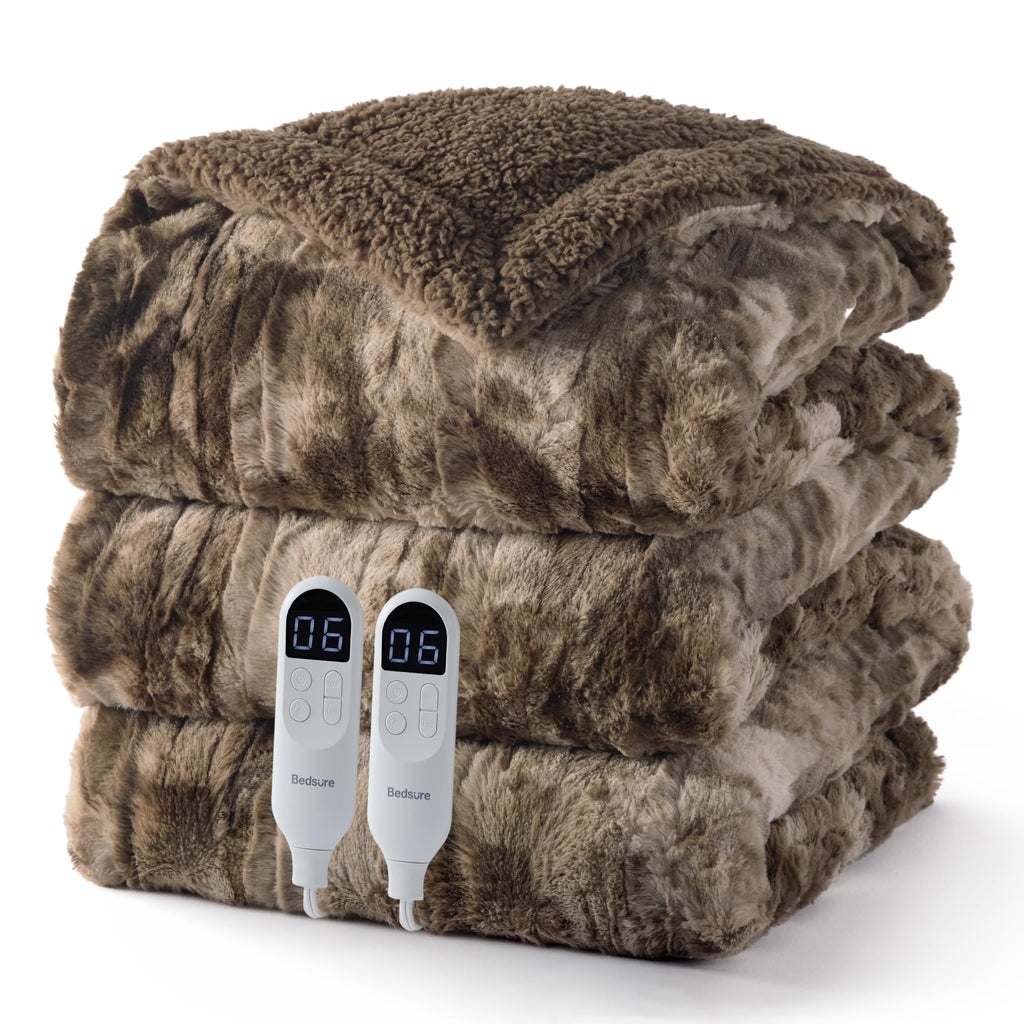 Bedsure Faux Fur Heated Blanket Twin Size, Tie-Dye Electric Blanket, Black