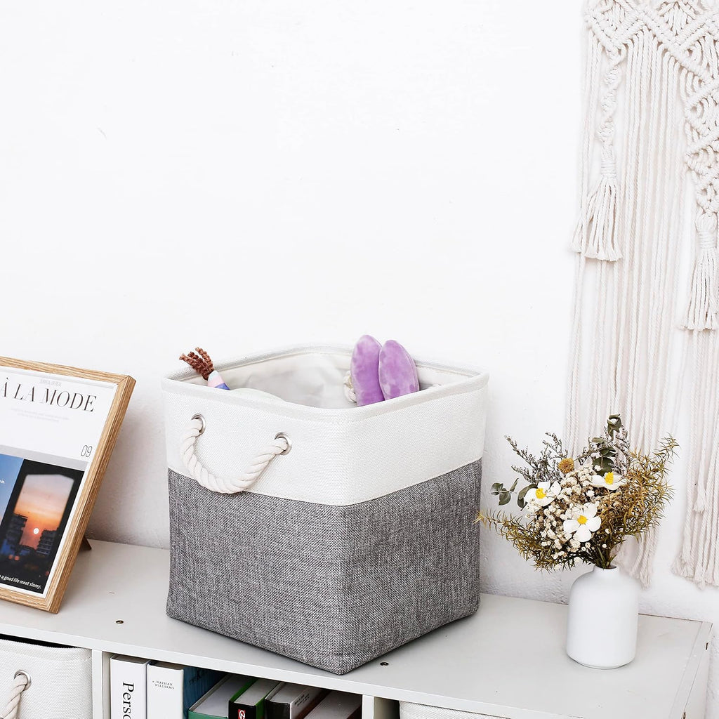 28 x 28 x 28 cm Cube Storage Boxes, 4 Pack Large Collapsible Fabric Storage Bin with Ropes, Foldable Storage Cubes for Home, Office,Closet, Clothes, Toys Organizer (White & Grey)