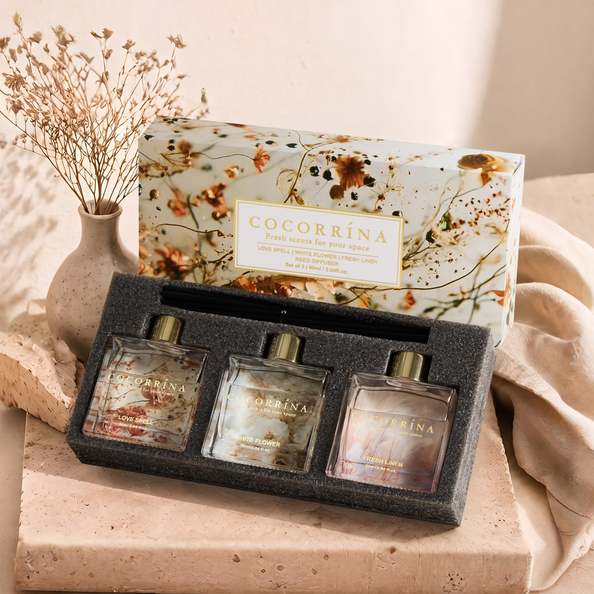 COCORRÍNA Reed Diffuser - 3 Pack/ 90ml with 24 Sticks Reed Diffuser for for House Bedroom Office Decor & Gifts Set (Cashmere Vanilla/Sandalwood Rose/Clean Linen)
