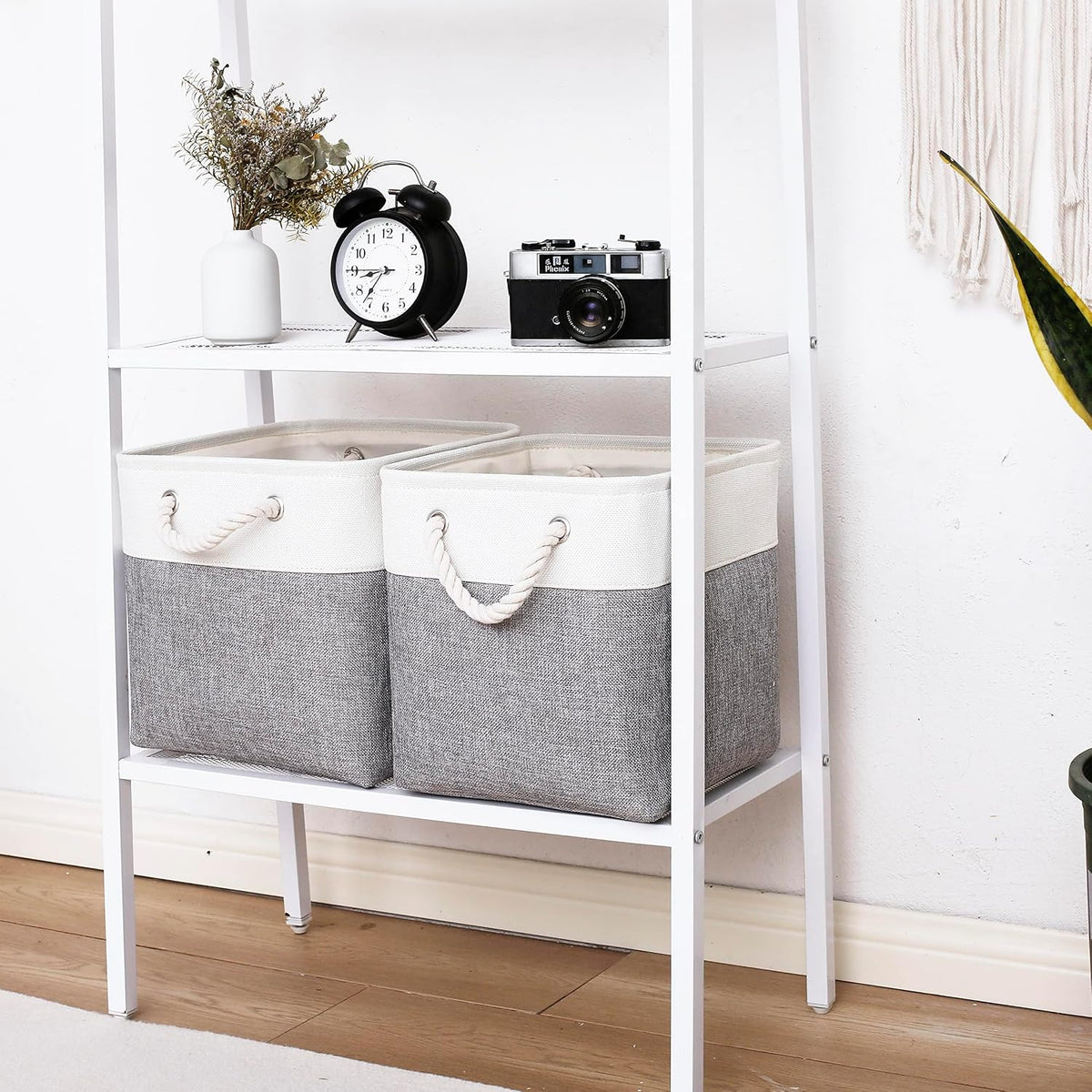 28 x 28 x 28 cm Cube Storage Boxes, 4 Pack Large Collapsible Fabric Storage Bin with Ropes, Foldable Storage Cubes for Home, Office,Closet, Clothes, Toys Organizer (White & Grey)