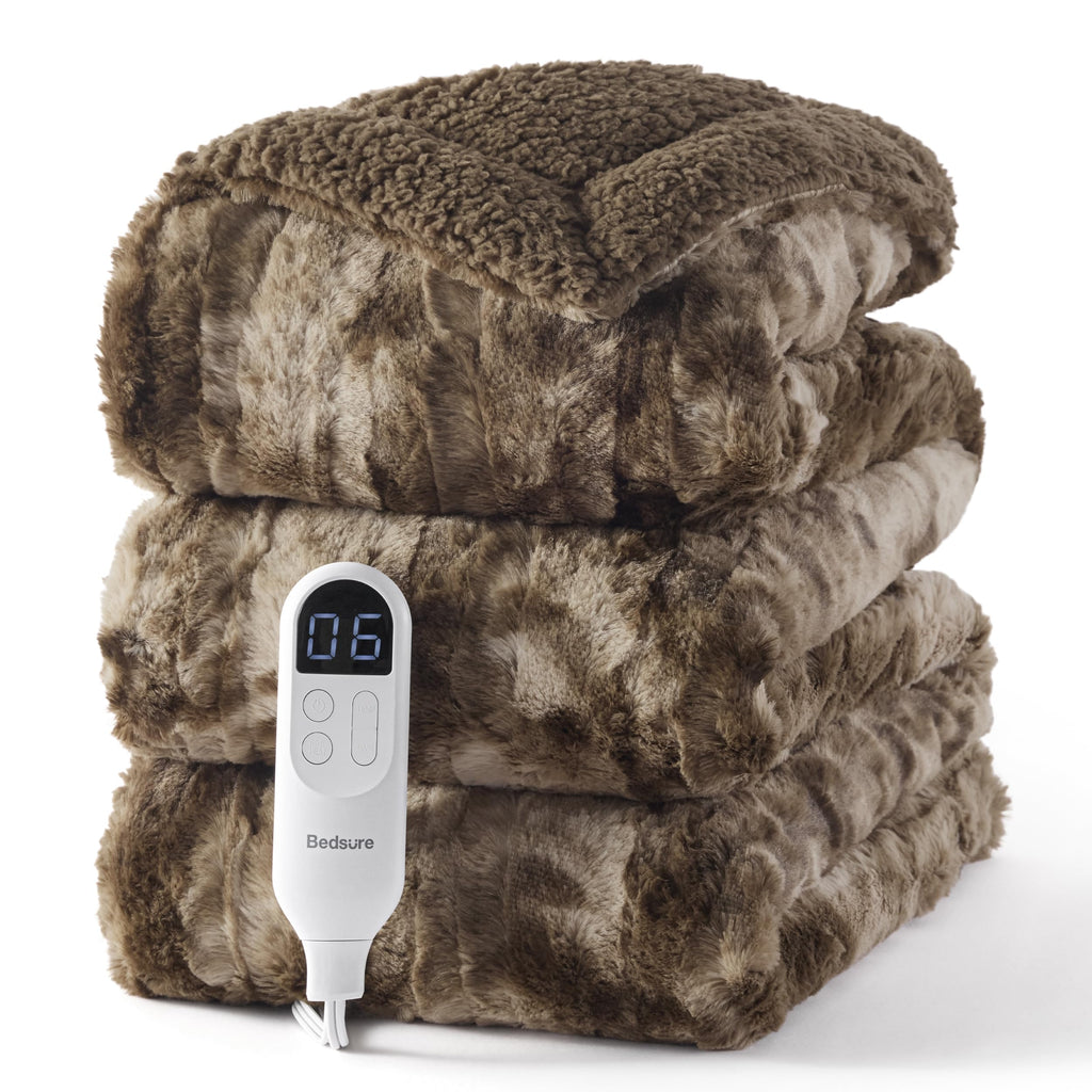 Bedsure Faux Fur Heated Blanket Twin Size, Tie-Dye Electric Blanket, Black