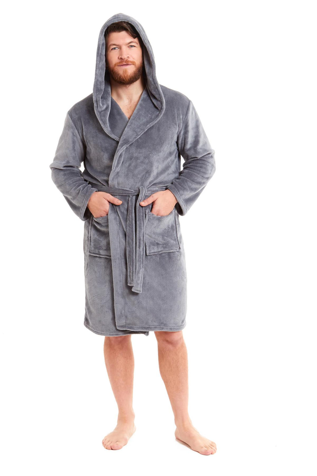 Mens Hooded  Dressing Gown Bath Robe Plain Flannel Fleece Robes Winter Gift