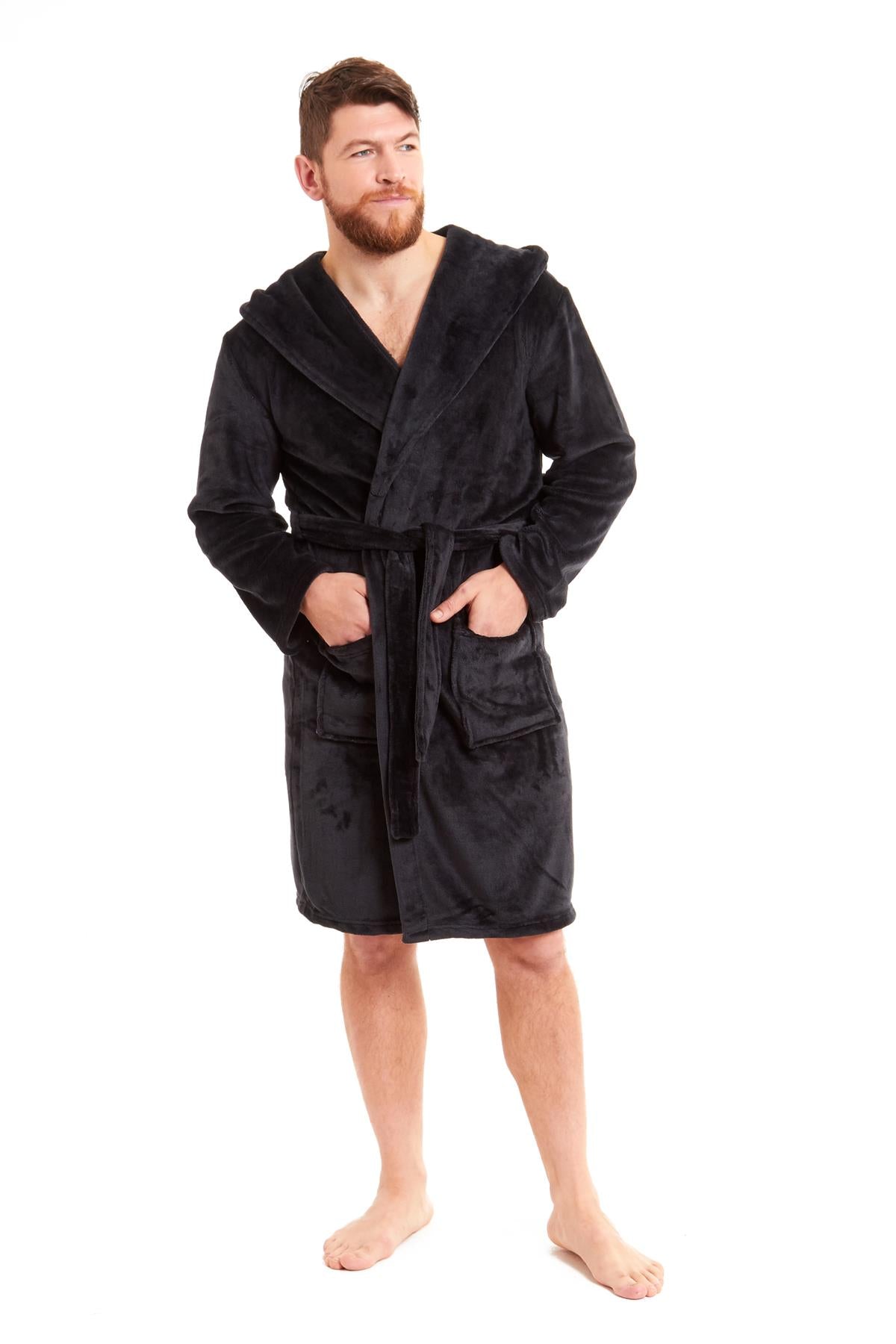 Mens Hooded  Dressing Gown Bath Robe Plain Flannel Fleece Robes Winter Gift