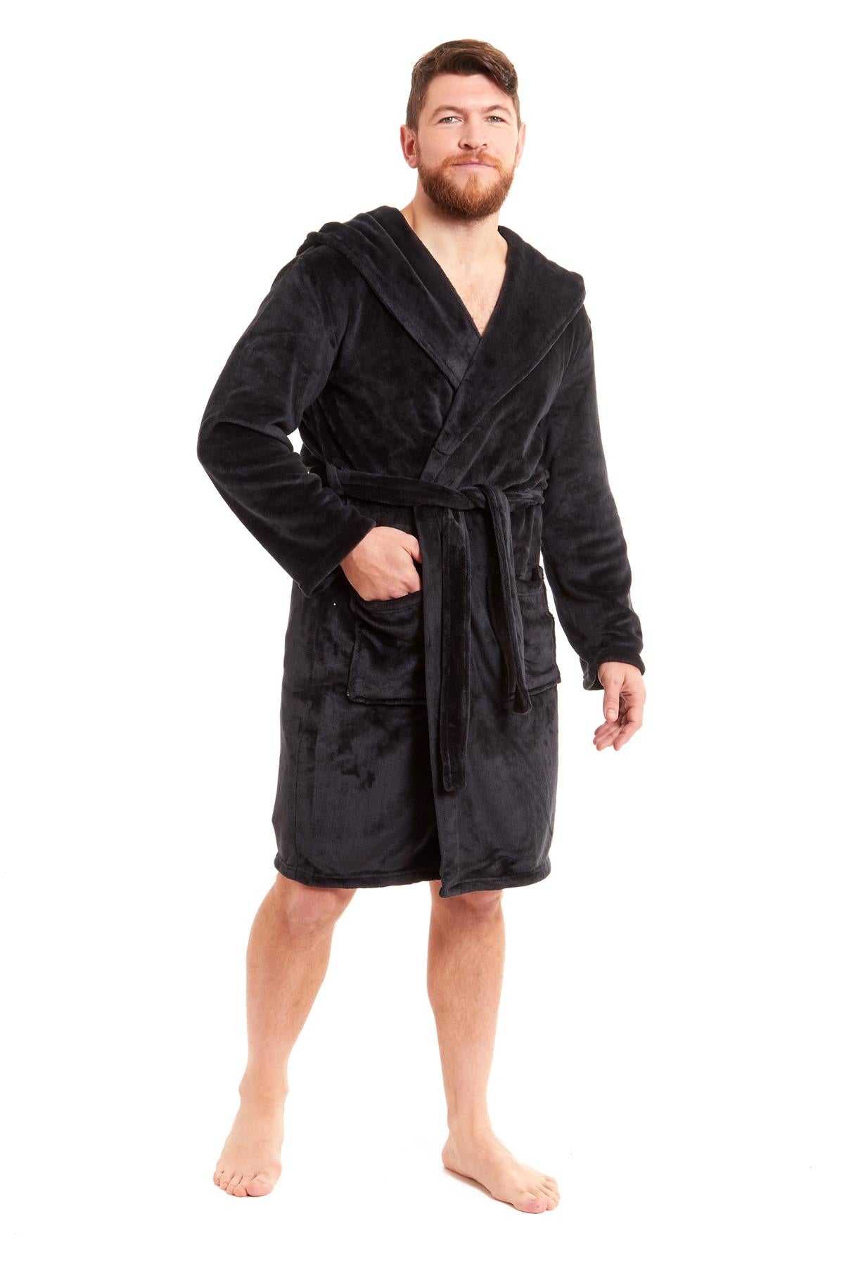 Mens Hooded  Dressing Gown Bath Robe Plain Flannel Fleece Robes Winter Gift