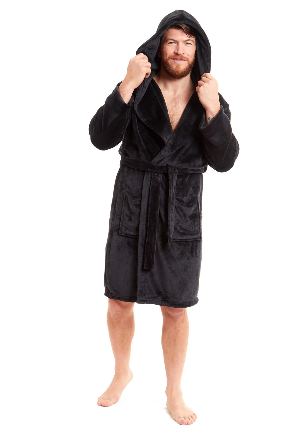 Mens Hooded  Dressing Gown Bath Robe Plain Flannel Fleece Robes Winter Gift