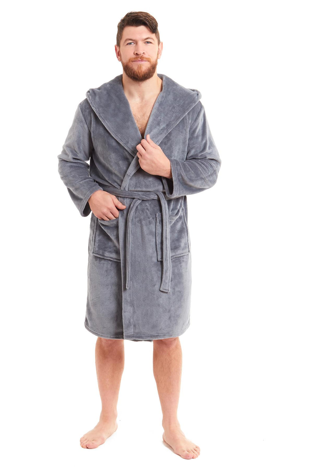 Mens Hooded  Dressing Gown Bath Robe Plain Flannel Fleece Robes Winter Gift