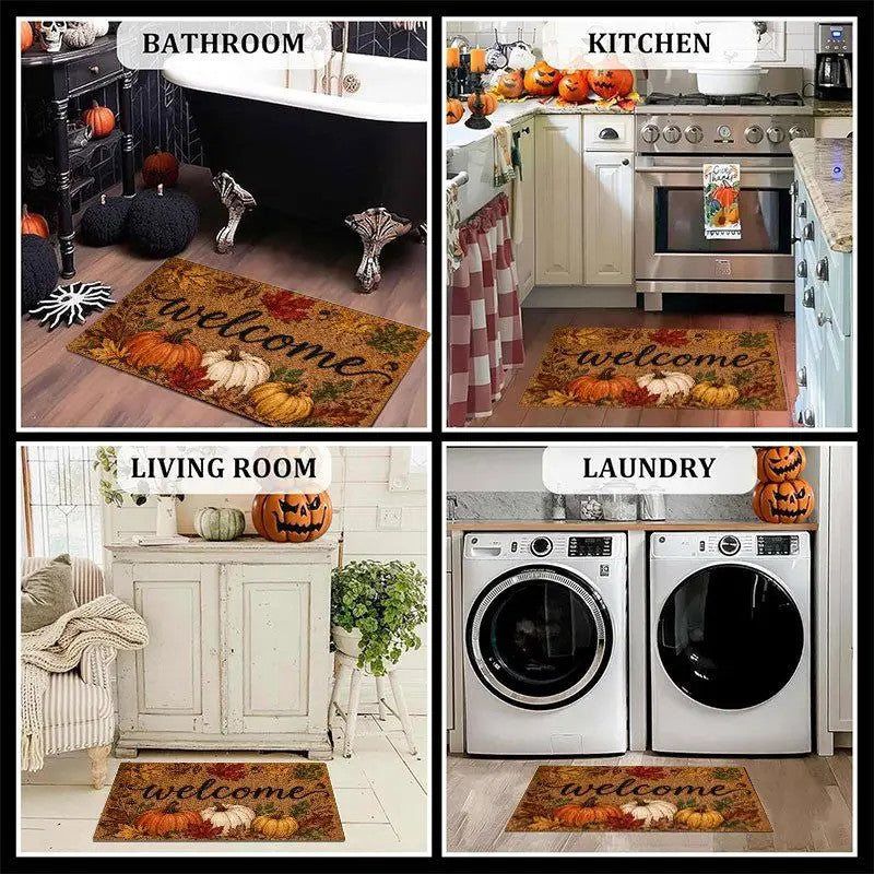 Fall Pumpkin Welcome Doormat Thanksgiving Harvest Maple Leaf Front Door Mat