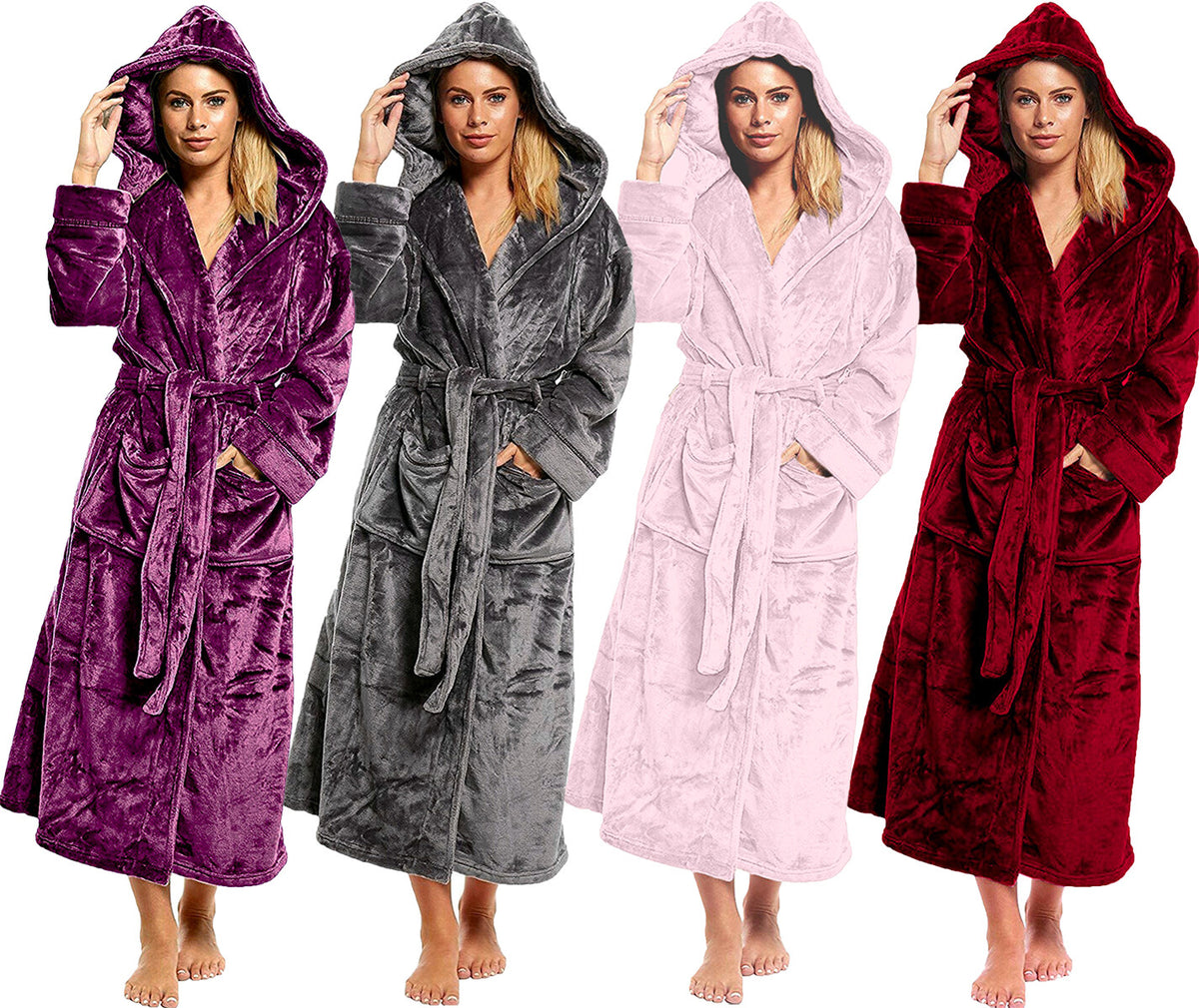 Ladies Dressing Gown Long Length Luxury Shimmer Fleece Hooded **NEW STOCK**