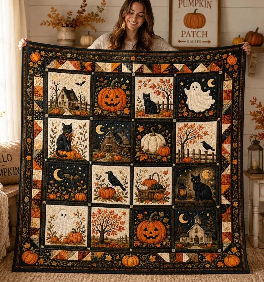 Halloween Haunted House Quilted Blanket Ghost Pumpkin Black Cat Fall Throw