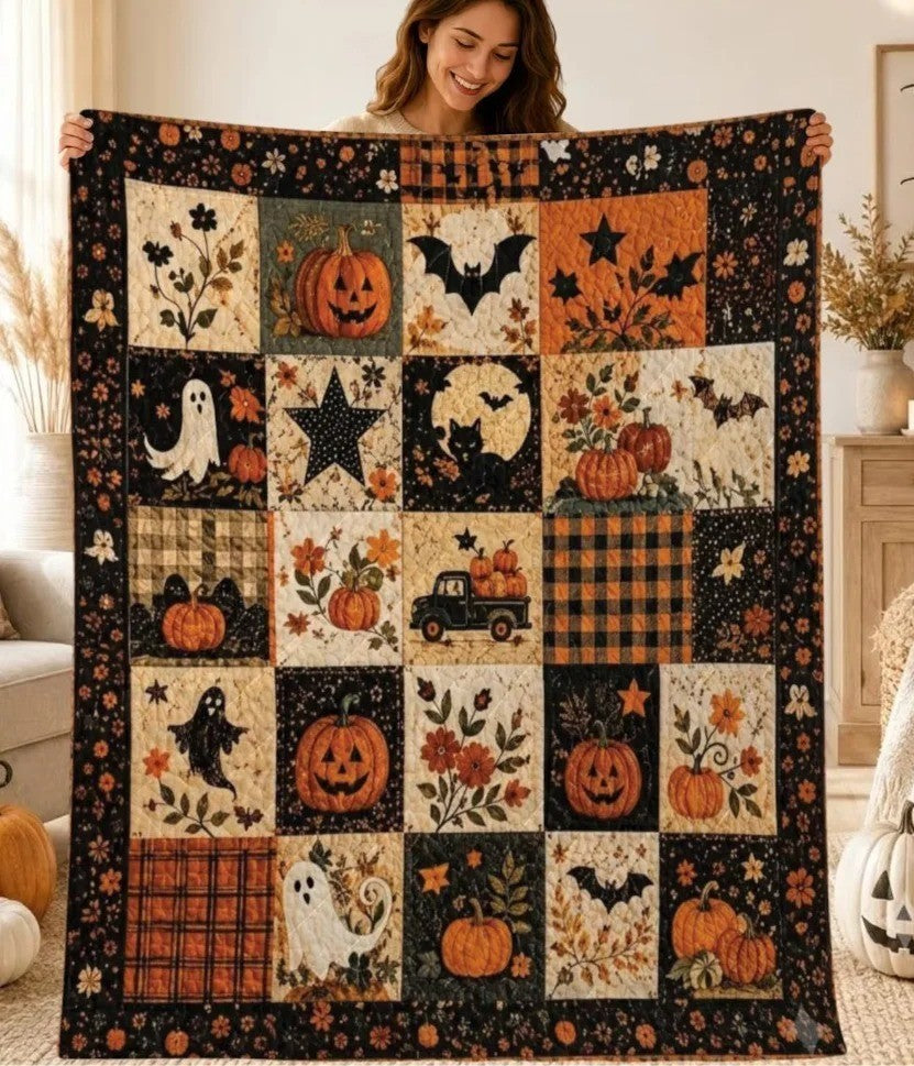 Halloween Haunted House Quilted Blanket Ghost Pumpkin Black Cat Fall Throw