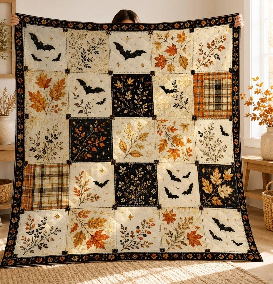 Halloween Haunted House Quilted Blanket Ghost Pumpkin Black Cat Fall Throw