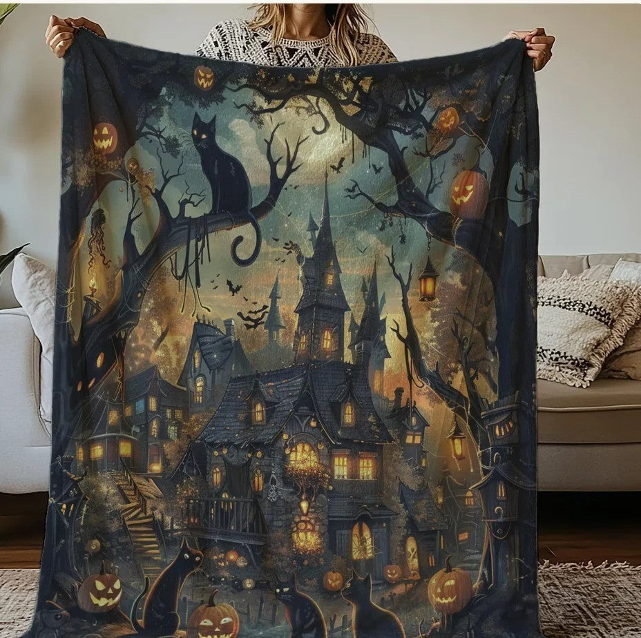 Halloween Haunted House Quilted Blanket Ghost Pumpkin Black Cat Fall Throw