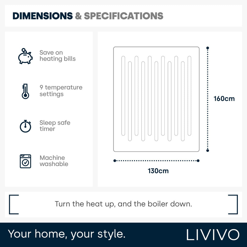 LIVIVO Heated Electric Over Blanket Grey Micro Fleece Throw 160x130cm