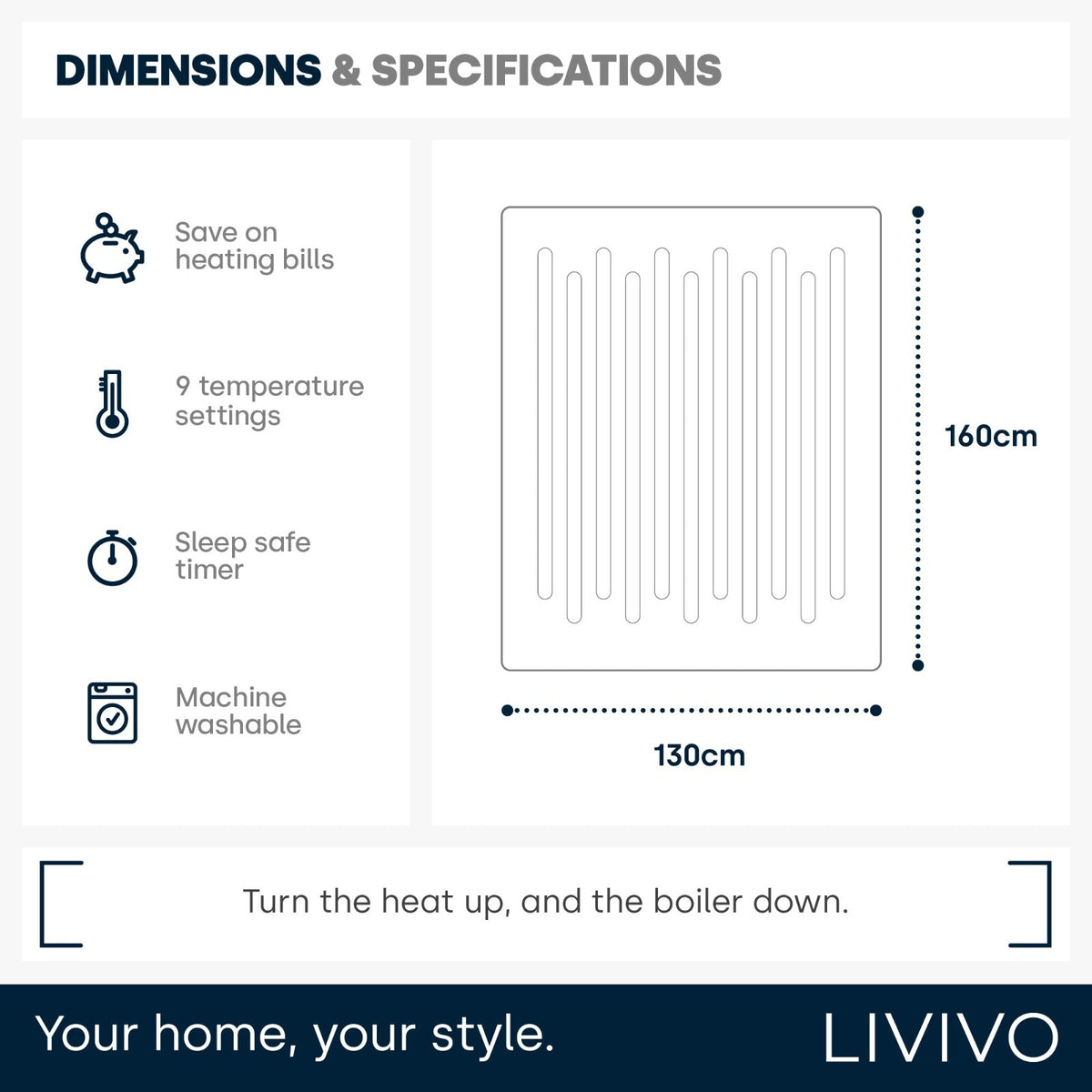 LIVIVO Heated Electric Over Blanket Grey Micro Fleece Throw 160x130cm