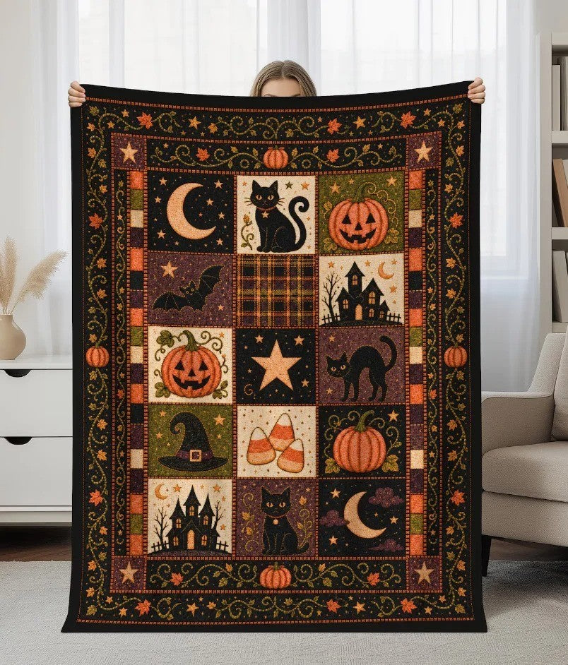 Halloween Haunted House Quilted Blanket Ghost Pumpkin Black Cat Fall Throw