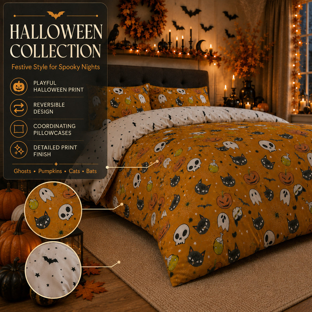 Damask Halloween Duvet Cover Reversible Bedding Set Quilt Cover + Pillowcases