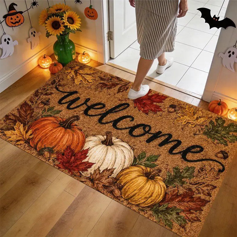 Fall Pumpkin Welcome Doormat Thanksgiving Harvest Maple Leaf Front Door Mat