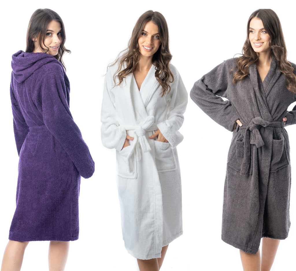 Womens Robe Terry Towelling 100% Cotton Hooded Bath Dressing Gown Bathrobe