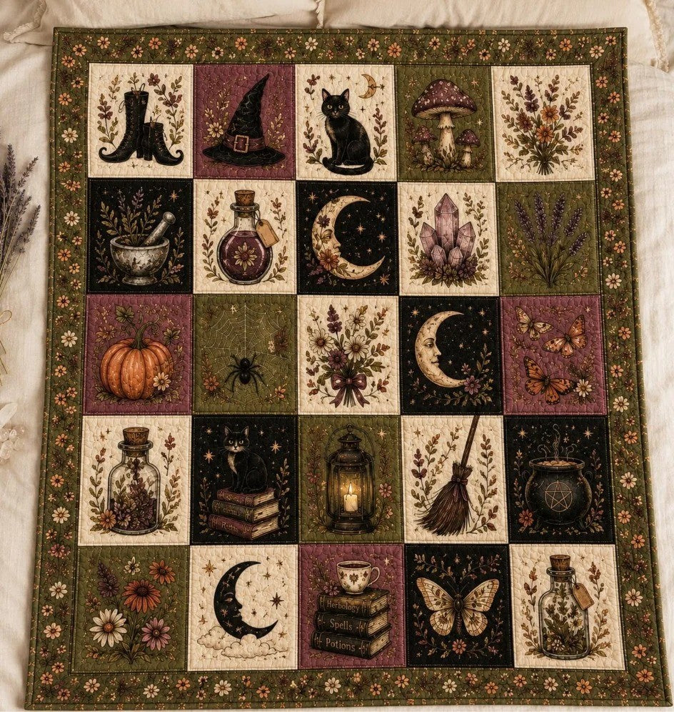 Halloween Haunted House Quilted Blanket Ghost Pumpkin Black Cat Fall Throw