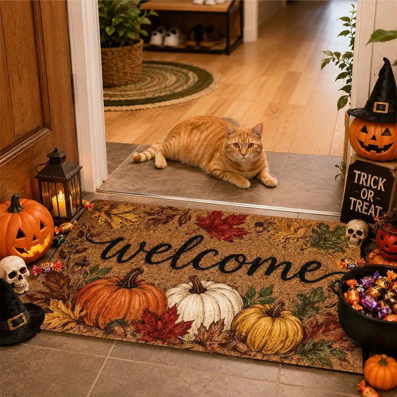 Fall Pumpkin Welcome Doormat Thanksgiving Harvest Maple Leaf Front Door Mat