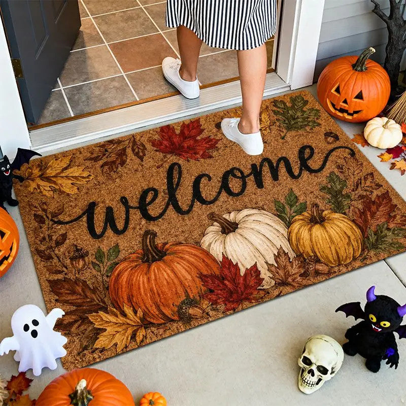 Fall Pumpkin Welcome Doormat Thanksgiving Harvest Maple Leaf Front Door Mat