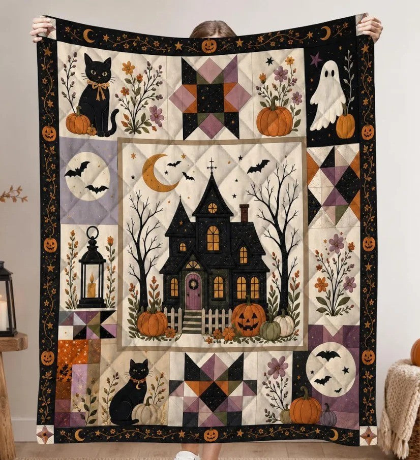 Halloween Haunted House Quilted Blanket Ghost Pumpkin Black Cat Fall Throw