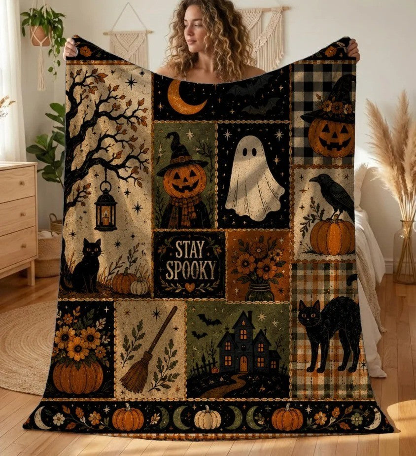 Halloween Haunted House Quilted Blanket Ghost Pumpkin Black Cat Fall Throw