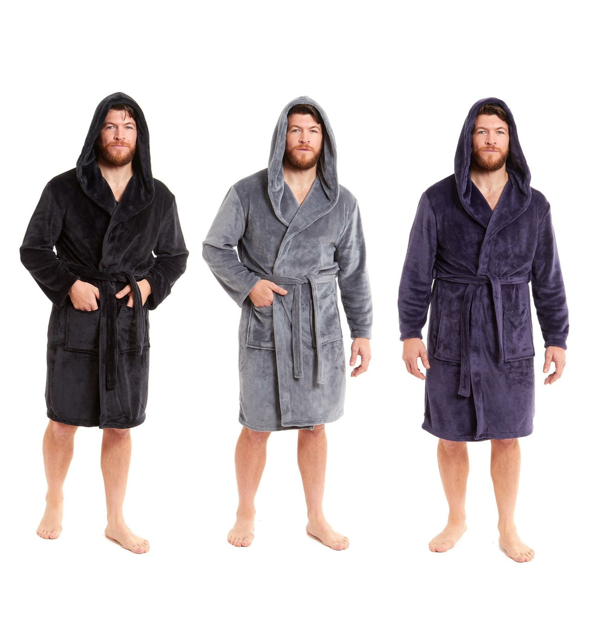 Mens Hooded  Dressing Gown Bath Robe Plain Flannel Fleece Robes Winter Gift