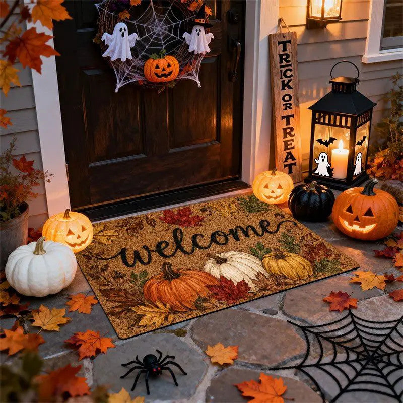 Fall Pumpkin Welcome Doormat Thanksgiving Harvest Maple Leaf Front Door Mat